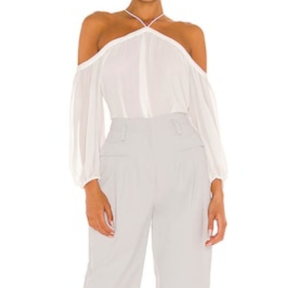 1. State Blouse High Neck Chiffon Sheer Blouson Sleeves Off Shoulder White M NWT - Picture 4 of 14